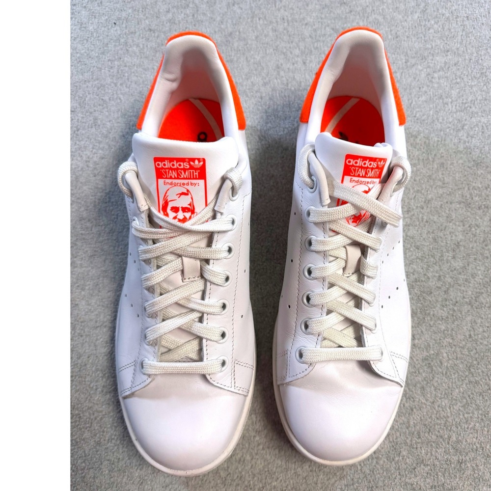 Adidas Stan Smith Sneakers Mens 9.5 White Leather Orange Heel Classic Casual
